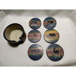 6 African Kenya Safari Wildlife Animals Soapstone Coasters & Holder Hand Carved